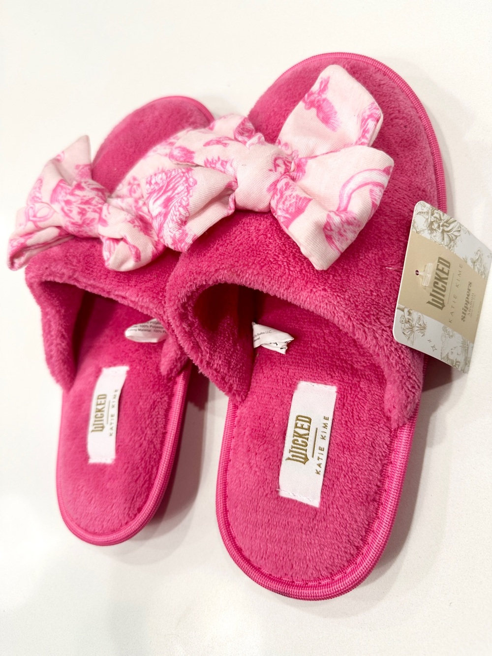 Katie Kime Wicked Pink Plush Bow Slide Slippers Medium NWT